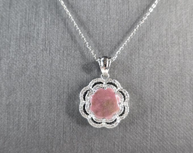 Womens Sterling Silver Modernist Rhodochrosite CZ Pendant Necklace 5.8g E7104