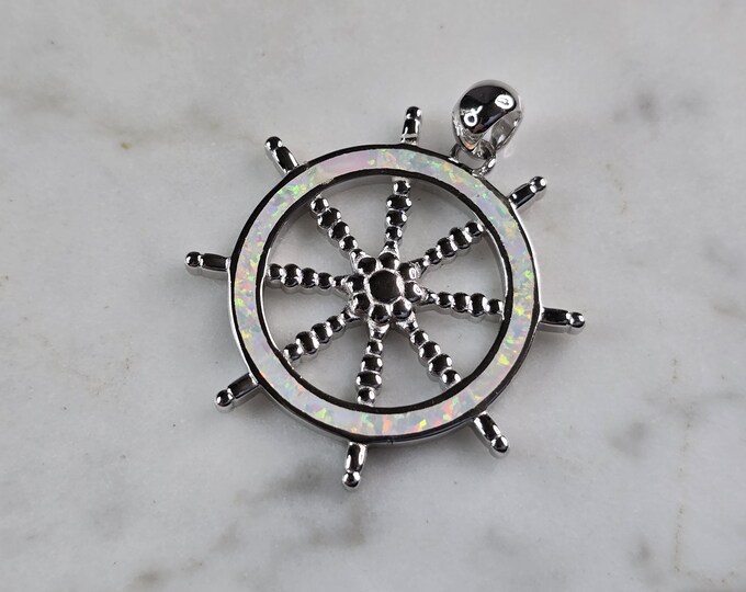 Womens Sterling Silver Opal Maritime Ship Wheel Pendant 4.5g E3881