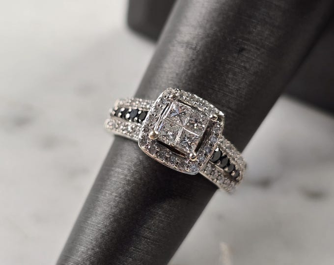 Womens Vintage Estate 14K White Gold Black Diamond Ring, 5.0g E4514