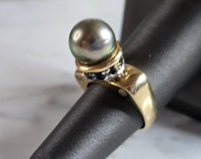Womens Vintage Estate 14K Gold Pearl & Sapphire Ring 9.4g E7388