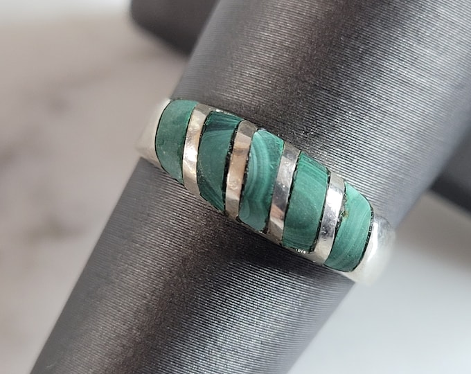 Womens Vintage Estate Sterling Silver Malachite Ring 3.7g E6568