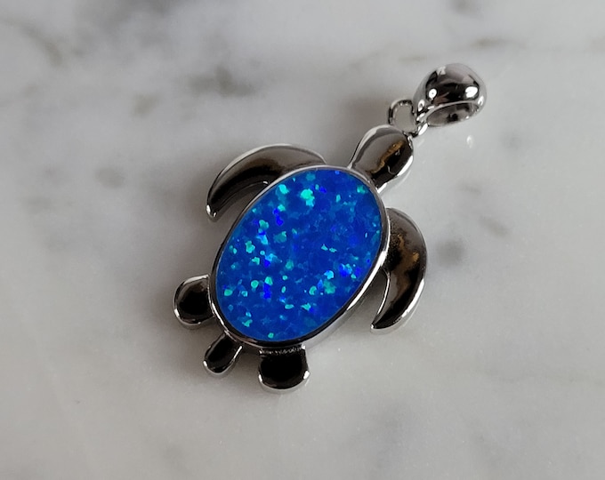 Womens Sterling Silver Blue Opal Sea Turtle Pendant 4.1g E2886