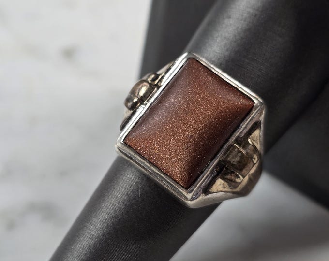Mens Vintage Estate Sterling Silver 10k GP Modernist Goldstone Ring 9.6g E3925