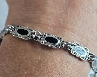 Womens Vintage Estate Sterling Silver Onyx Bracelet 14.6g
