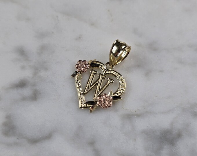 Womens 10K Yellow & Rose Gold Initial Letter " W "  Heart Pendant 0.9g E6253