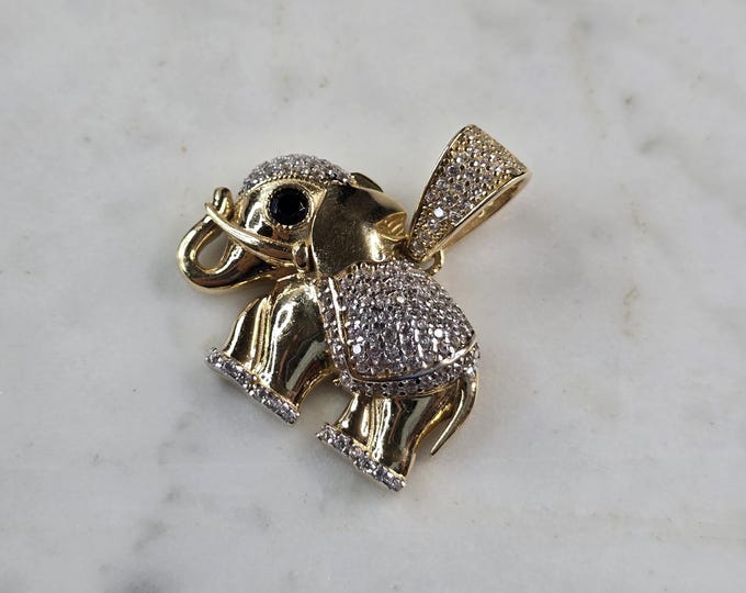 Womens Vintage Estate 14K Gold CZ Onyx Elephant Pendant 6.0g E6832