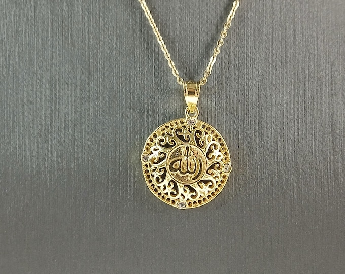 Sterling Silver Gold Tone CZ Muslim Allah Pendant Necklace 4.5g E3840