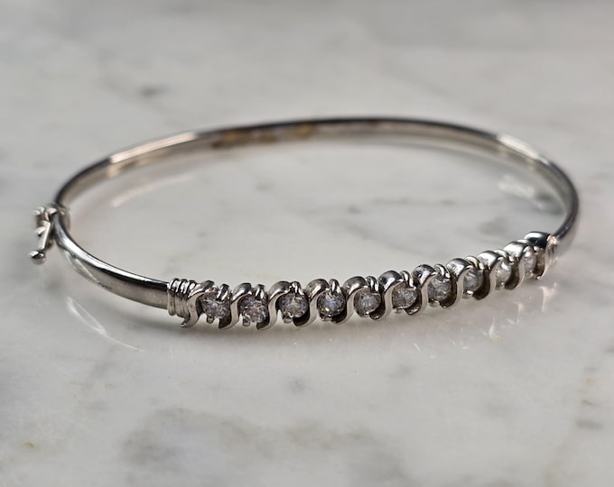 Womens Vintage Estate 14k White Gold CZ Bangle Bracelet 7.5g E4943