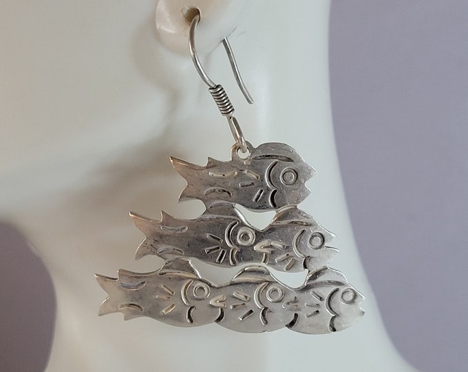 Womens Vintage Sterling Silver Southwestern Fish Earrings 14.5g E1359