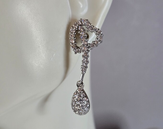 Womens Vintage Estate Sterling Silver CZ Dangle Heart Earrings 5.0g E7654