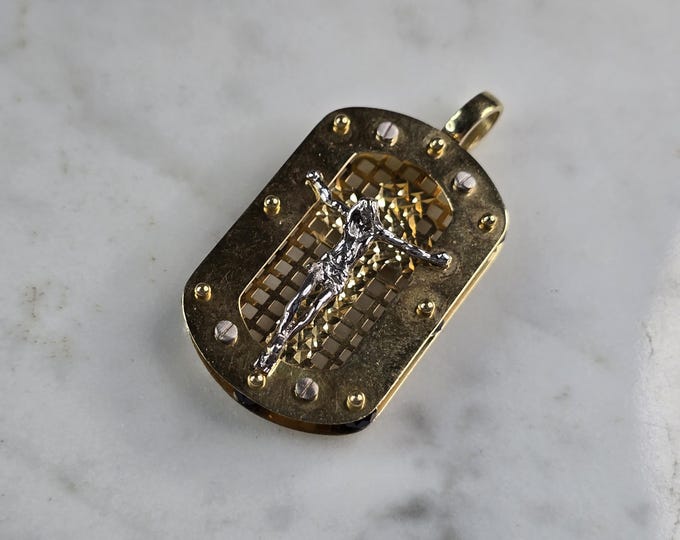 Beautiful 14K Yellow & White Gold Religious Cross Pendant, 6.6g E993