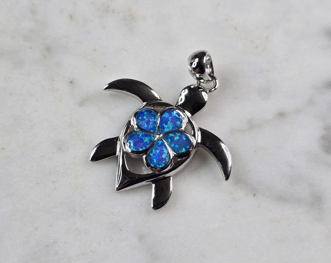 Womens Sterling Silver Blue Opal Sea Turtle Plumeria Pendant 3.7g E2307