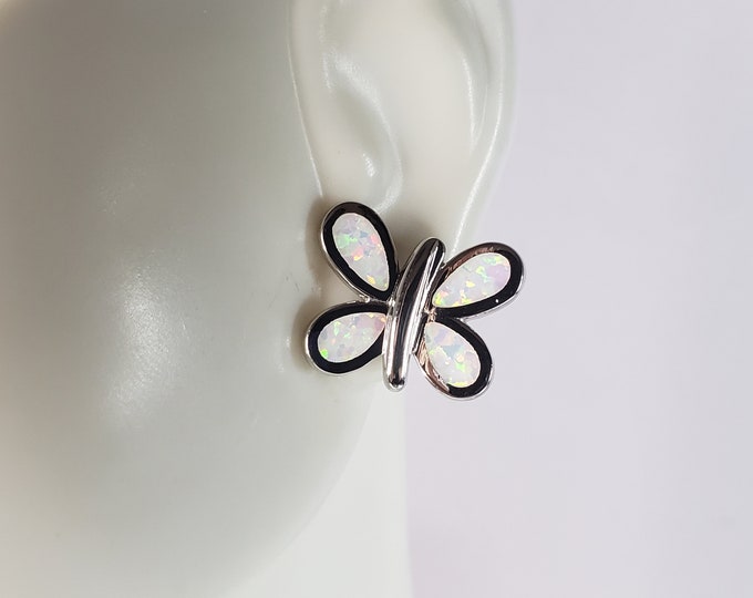 Womens Estate Sterling Silver Opal Butterfly Stud Earrings 5.0g E6419
