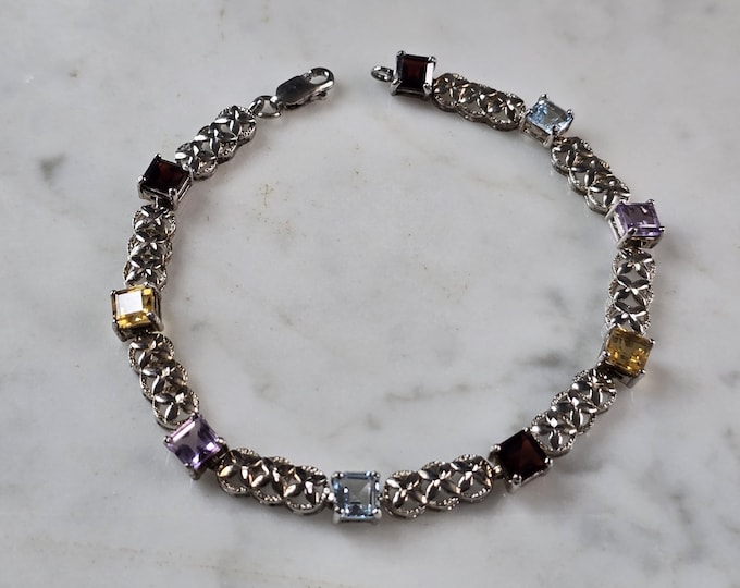 Womens Vintage Estate Sterling Silver Multi Stone Bracelet 10.1g E7950
