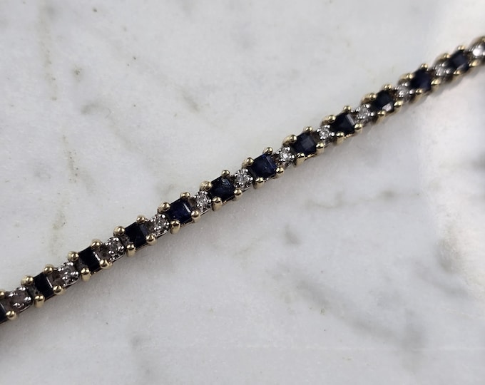 Womens Vintage Estate 10K Gold Sapphire & Diamond Tennis Bracelet 7.8g E3379