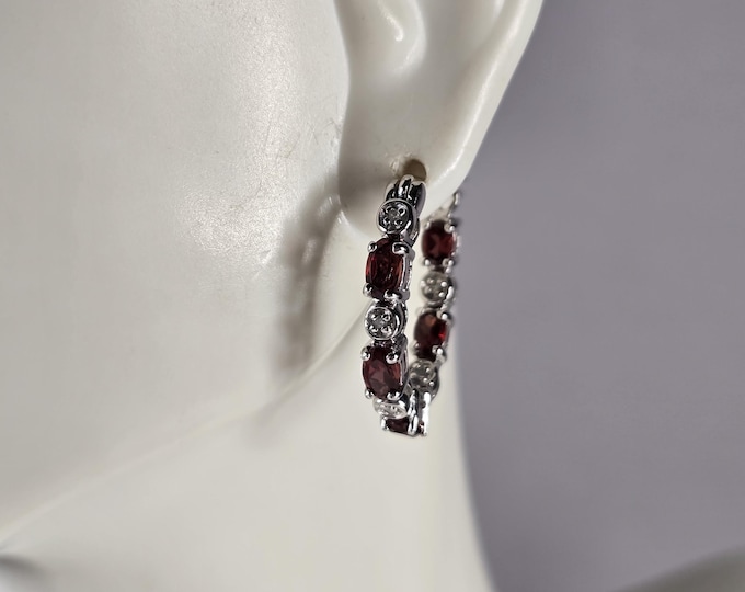 Womens Estate Sterling Silver Ruby Colored Hoop Earrings 5.2g E7875