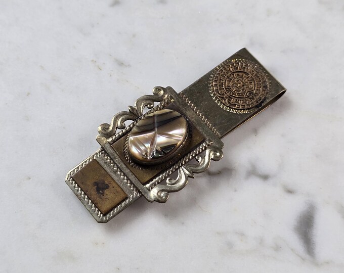 Vintage Estate Sterling Silver Incan Mayan Abalone Money Clip 19.6g E1186