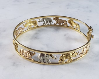 Womens Vintage Estate 18K Mixed Gold Noahs Ark Bangle Bracelet 29.6g E2530