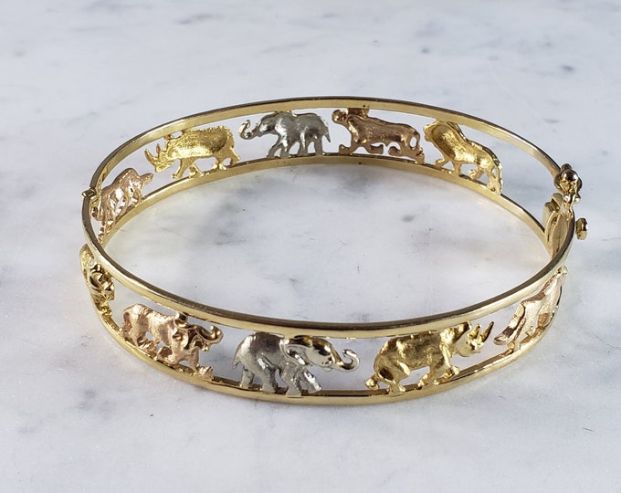 Womens Vintage Estate 18K Mixed Gold Noahs Ark Bangle Bracelet 29.6g E2530