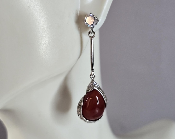 Womens Vintage Estate Sterling Silver Carnelian CZ Earrings 6.4g E1312