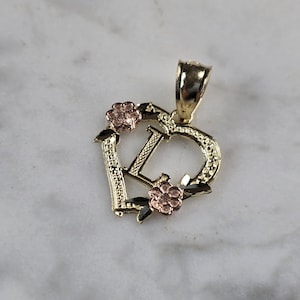 Colgante de corazón con la letra inicial "L" para mujer en oro amarillo y rosa de 10 quilates (0,9 g) E6116