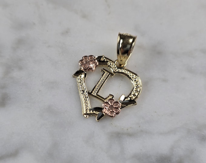 Womens 10K Yellow & Rose Gold Initial Letter " L "  Heart Pendant 0.9g E6116