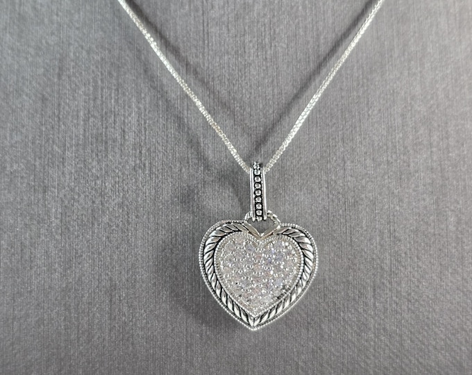 Womens Estate Sterling Silver Heart CZ Stone Pendant W/ Necklace 8.3g E7305