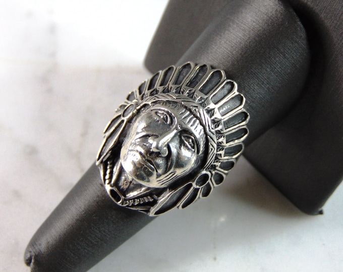 Mens Estate Sterling Silver Chief Head Ring 13.3g E6013