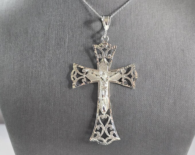 Womens Vint Sterling Silver Religious Jesus Cross Pendant Necklace 12.1g E1132