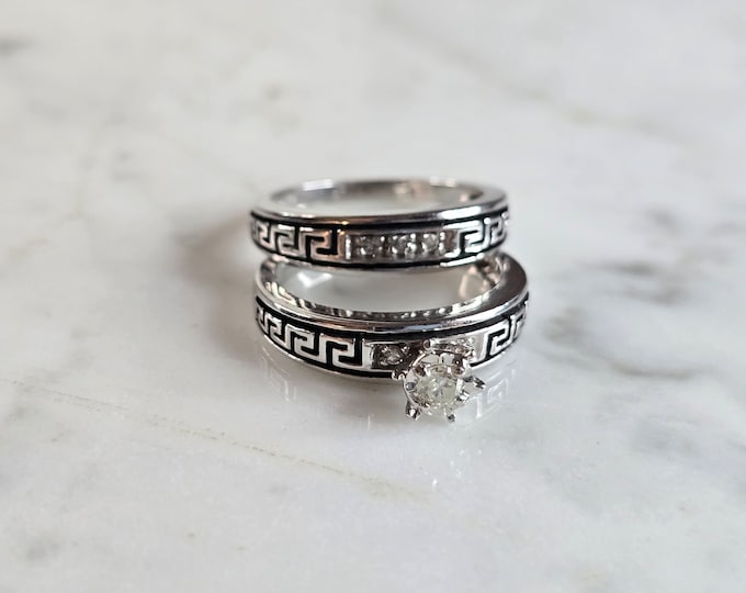 Womens Estate 14K White Gold Diamond Greek Key Wedding Ring Set, 7.2g E6526