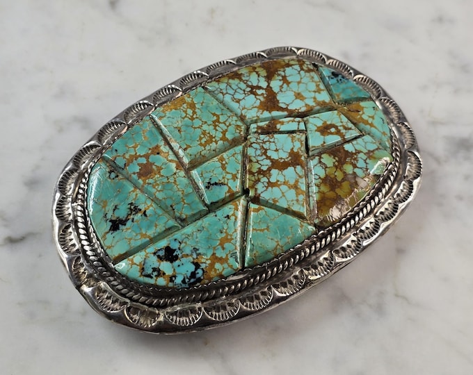 Vintage Sterling Silver Native American Zuni Turquoise Belt Buckle 89.6g E613