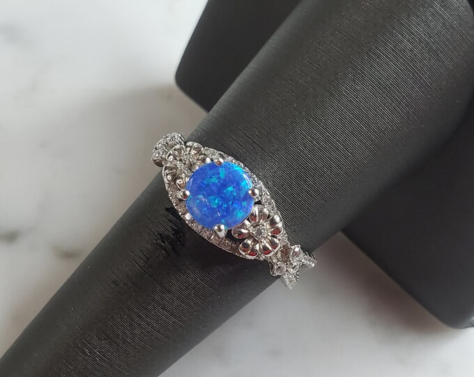 Womens Estate Sterling Silver Modernist Blue Opal Floral Ring 3.2g E4305