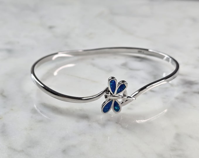 Womens Sterling Silver Blue Opal Dragonfly Bangle Bracelet 12.0g E1900