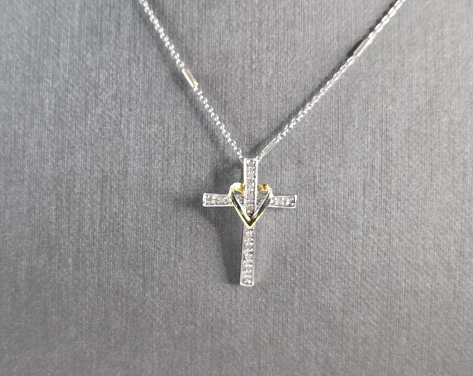 Womens Sterling Silver Gold Tone Diamond Cross Pendant Necklace 3.2g E1942