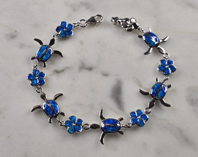 Womens Estate Sterling Silver Blue Opal Sea Turtle Bracelet 10.5g E4518