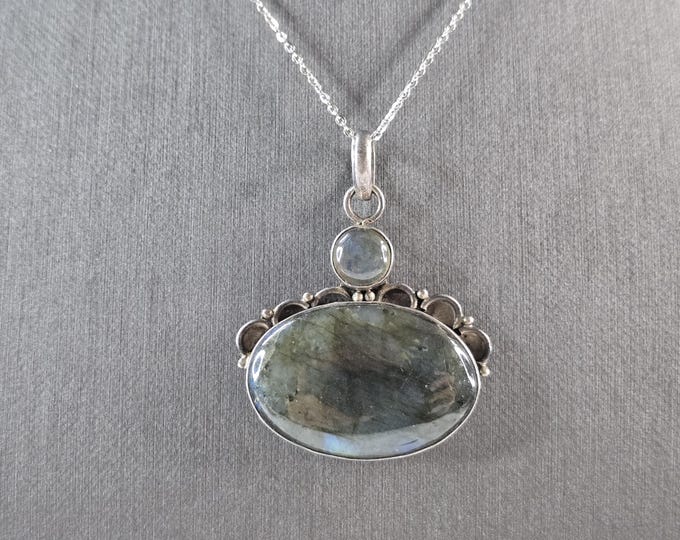 Womens Estate Sterling Silver Labradorite Moonstone Pendant Necklace 12.5g E6516