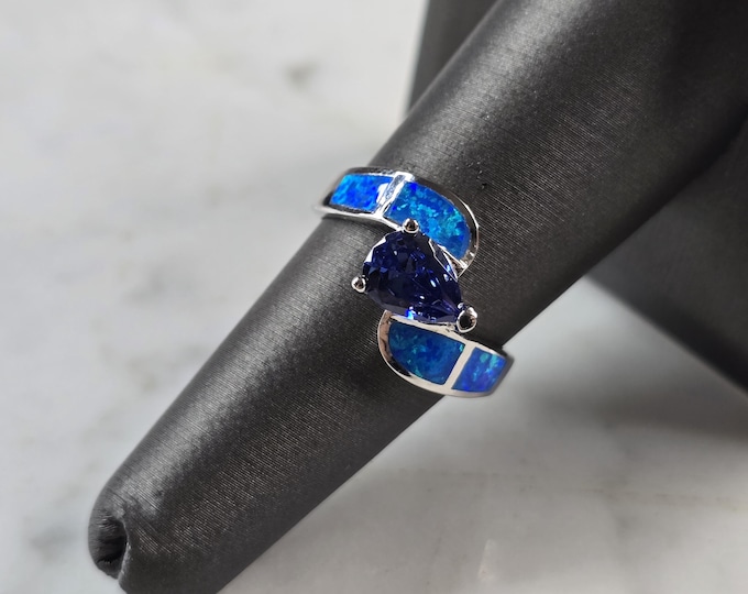 Womens Sterling Silver Blue Opal Tanzanite Modernist Ring 3.9g E4196