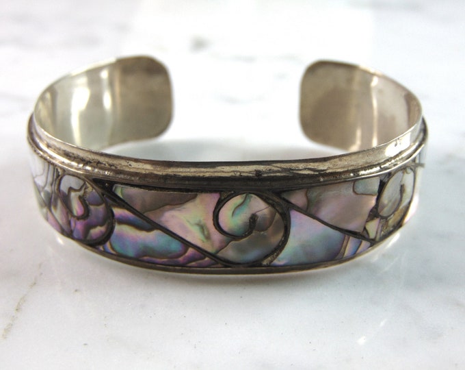 Womens Vintage Estate Sterling Silver Abalone Cuff Bracelet 22.7g E6016