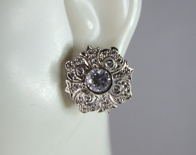 Womens Vintage Estate Sterling Silver CZ Earrings 4.1g E2569