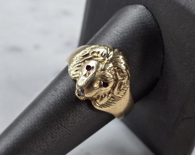 Mens Vintage Estate 14k Yellow Gold Ruby Diamond Lion Ring 6.6g #E7148