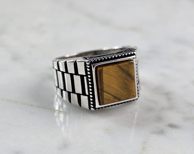Mens Sterling Silver Modernist Tigers Eye Ring 8.3g E2330