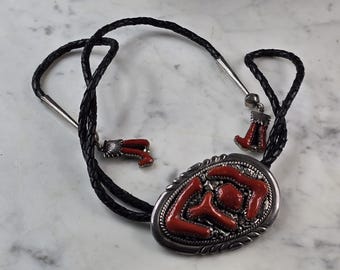 Southwestern Native American Sterling Silver Coral Leekya Bolo Tie E642