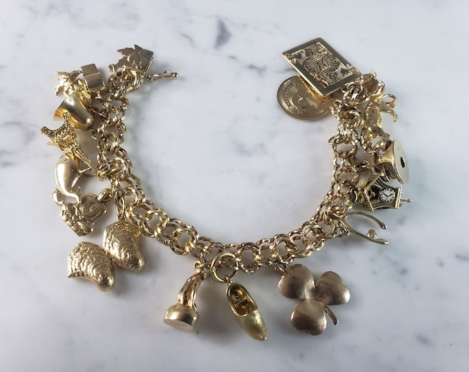 Womens Vintage Estate 14k Yellow Gold 17 Charm Bracelet 54.8g  E3737