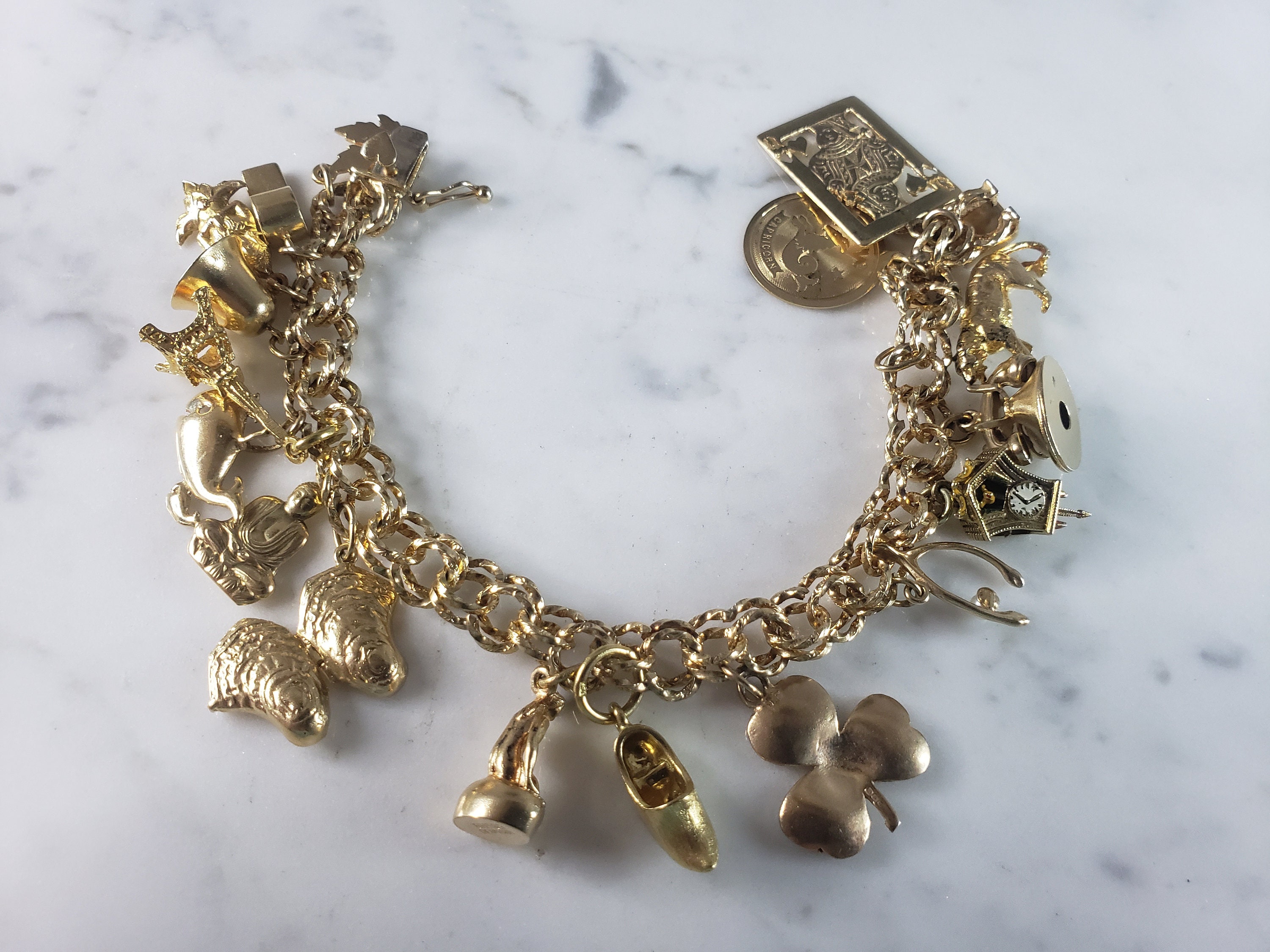 Vintage 14k Yellow Gold Charm Bracelet w. 14x Mixed Yellow Gold Charms (MuS)