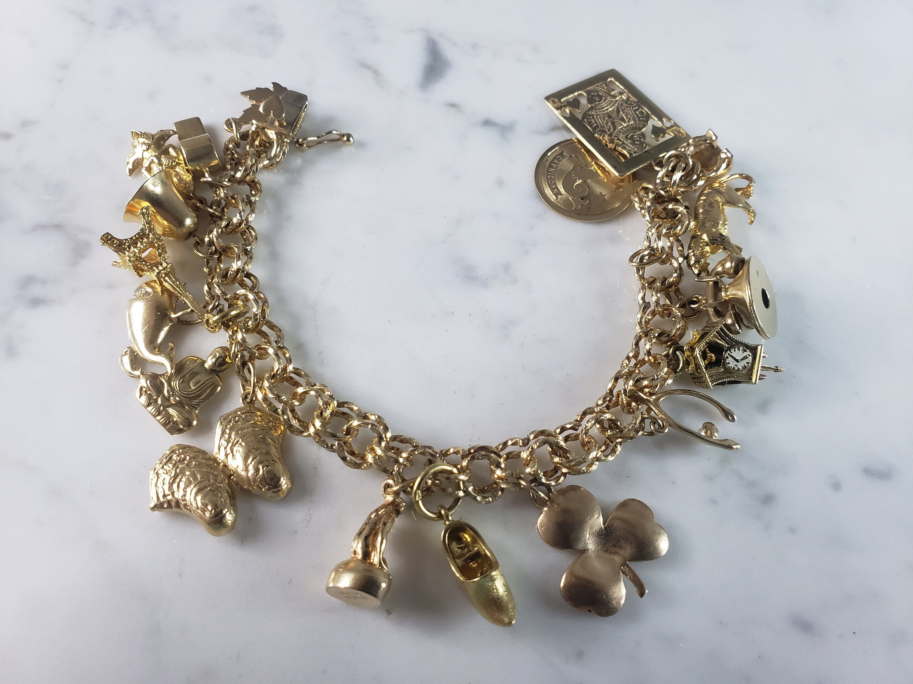 Vintage 14k YG Charm Bracelet w/12 Estate 14k Gold Charms!