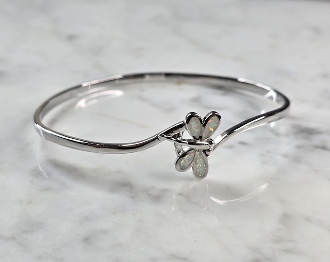 Womens Sterling Silver Opal Dragonfly Bangle Bracelet 12.3g E1901