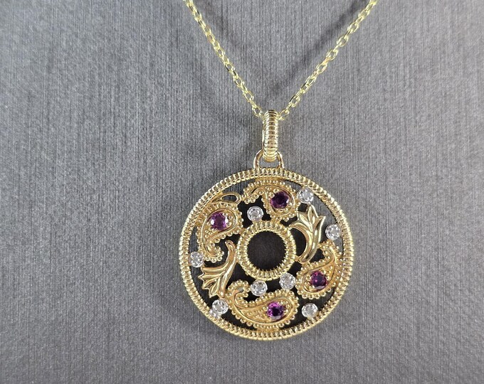 Womens Sterling Silver Gold Tone Amethyst Pendant Necklace 5.8g E3931