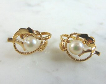 Pr Womens Vintage Estate 14K Yellow Gold Pearl Earrings 5.9g E5579