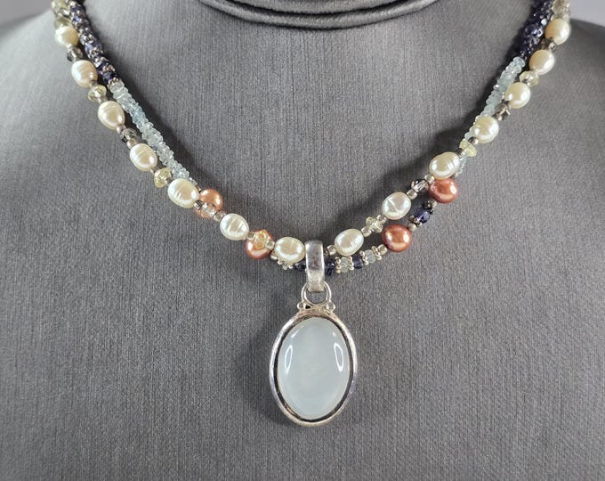 Womens Vintage Sterling Silver Moonstone Pendant Beaded Necklace 34.7g E3023