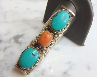 Womens Vintage Sterling Silver Turquoise Coral Southwestern Ring 43.6g E648